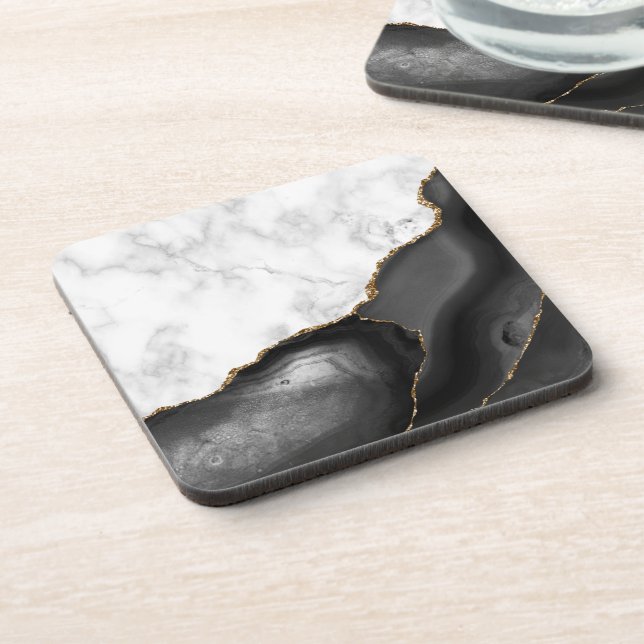 White Faux Marble Black Agate Gold Glitter Coaster (Left Side)