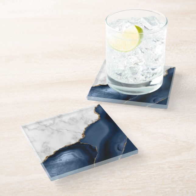 White Faux Marble Gilded Navy Blue Agate Glass Coaster (Angled)