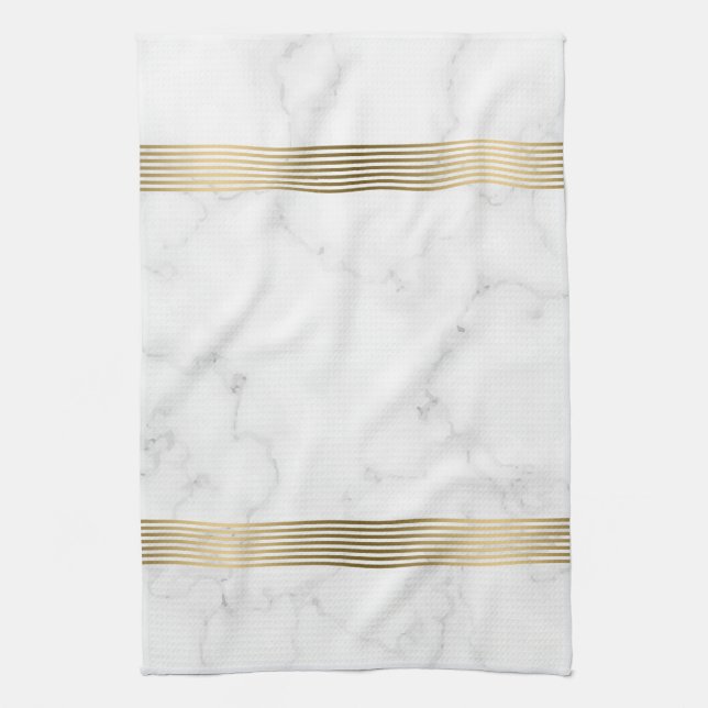 White faux marble gold stripes tea towel (Vertical)