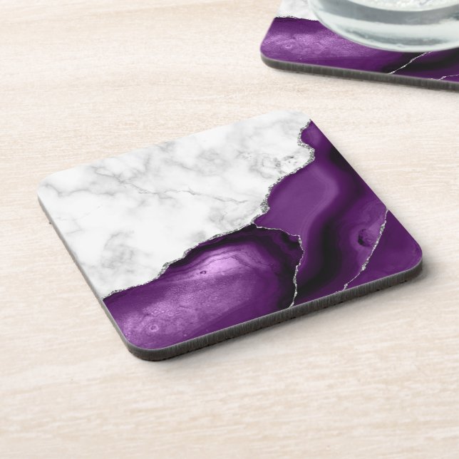 White Faux Marble Purple Agate Silver Glitter Coaster (Left Side)