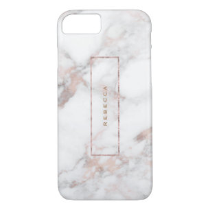 White Faux Marble Rose-Gold Accents Monogram iPhone 8/7 Case