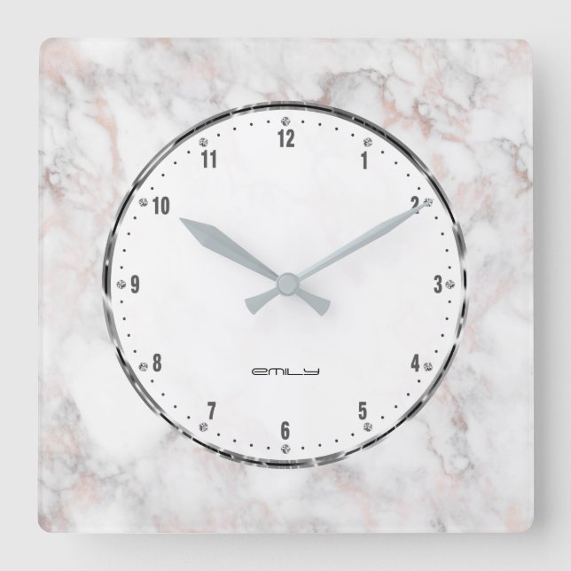 White Faux Marble Rose-Gold Accents Square Wall Clock (Front)
