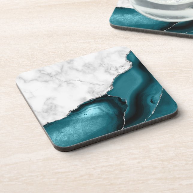 White Faux Marble Silver Glitter Teal Blue Agate Coaster (Left Side)