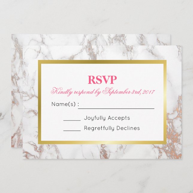 White Faux Marble Texture with a Gold Frame RSVP Invitation (Front/Back)