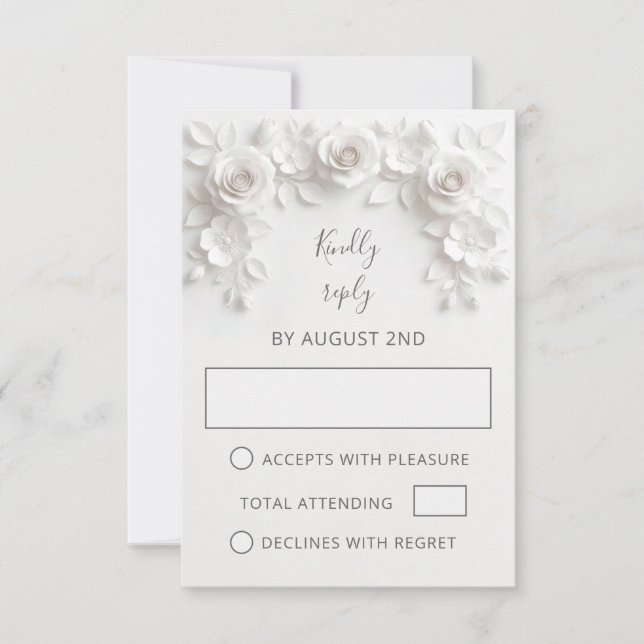 White Faux Paper Cut Roses Wedding RSVP Card (Front)