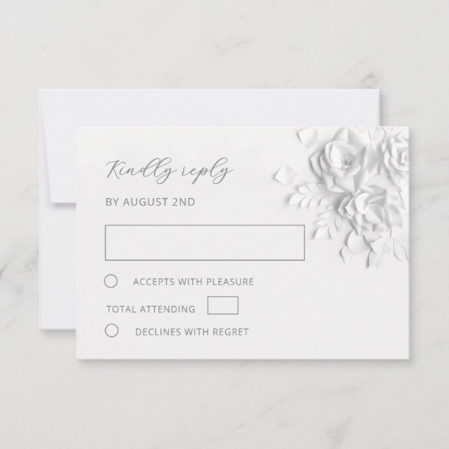 White Faux Paper Cut Roses Wedding RSVP Card (Front)