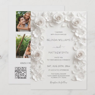 White Faux Relief Roses Frame 3 Photos Wedding Invitation