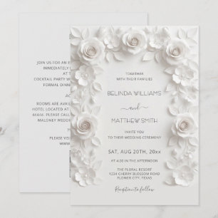 White Faux Relief Roses Frame All-in-One Invitation