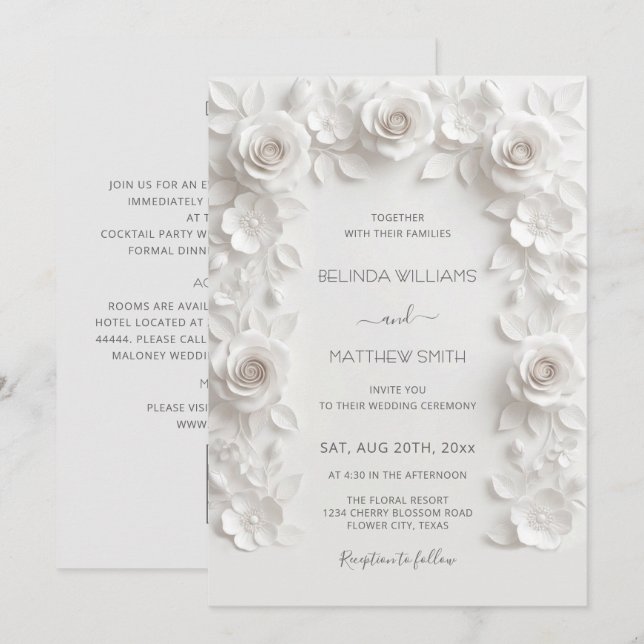 White Faux Relief Roses Frame All-in-One Invitation (Front/Back)