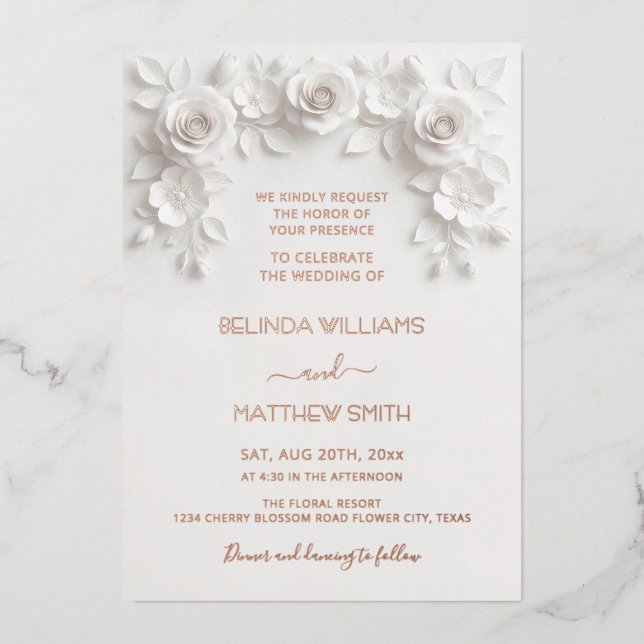 White Faux Relief Roses Frame Wedding Minimalist F (Front)