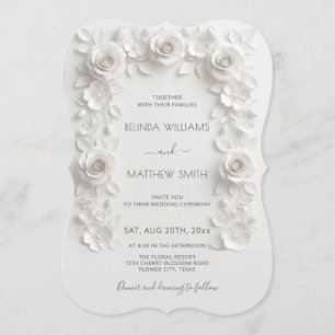 White Faux Relief Roses Frame Wedding Minimalist Invitation