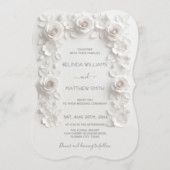 White Faux Relief Roses Frame Wedding Minimalist Invitation (Front)