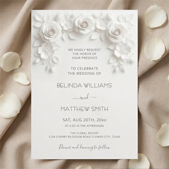 White Faux Relief Roses Frame Wedding Minimalist Invitation (Creator Uploaded)