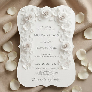 White Faux Relief Roses Frame Wedding Minimalist Invitation