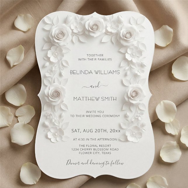White Faux Relief Roses Frame Wedding Minimalist Invitation (Creator Uploaded)