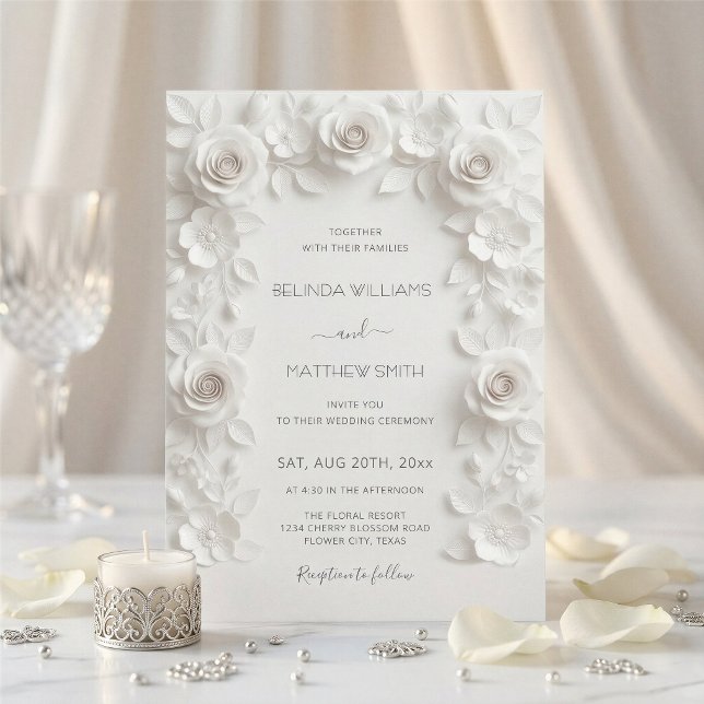 White Faux Relief Roses Frame Wedding Minimalist Invitation (Creator Uploaded)