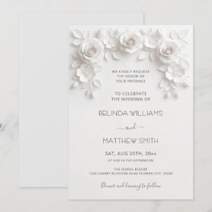 White Faux Relief Roses Frame Wedding Minimalist Invitation