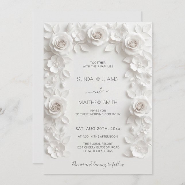 White Faux Relief Roses Frame Wedding Minimalist Invitation (Front/Back)