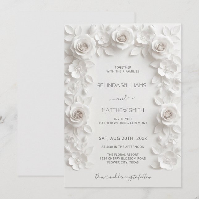 White Faux Relief Roses Frame Wedding Minimalist Invitation (Front/Back)