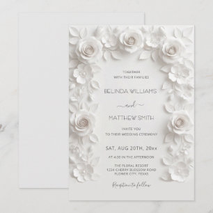 White Faux Relief Roses Frame Wedding Minimalist Invitation