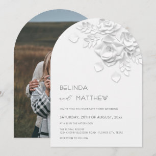 White Faux Relief  Roses Photo  Casual Wedding Invitation