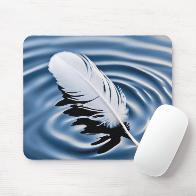 White Feather Floating On Blue Water Mouse Mat (With Mouse)