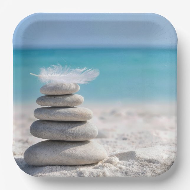 White Feather on a Beach Cairn Paper Plate (Front)