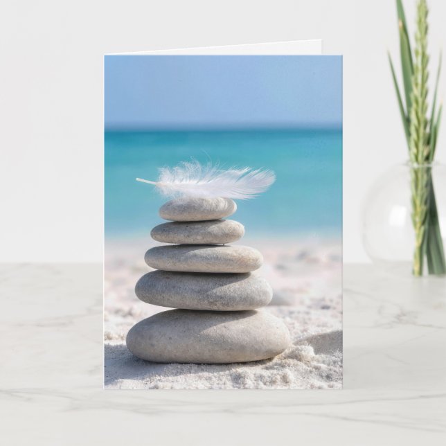 White Feather on a Beach Cairn with Quote Card (Front)
