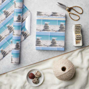 White Feather on a Beach Cairn Wrapping Paper