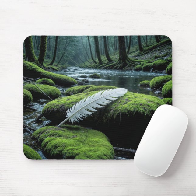 White Feather On a Rock Mouse Mat (With Mouse)