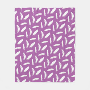 White Feather Print on Amethyst Purple Fleece Blanket