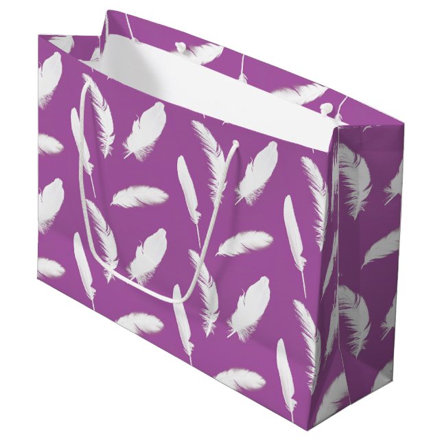 White feather print on amethyst purple large gift bag (Front Angled)