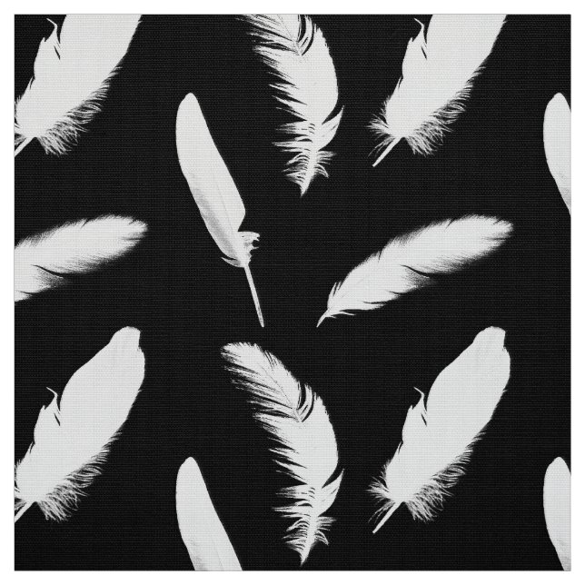 White feather print on black fabric (Swatch)