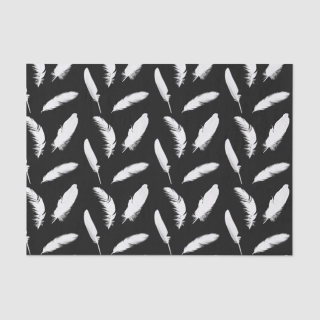White feather print on black tissue paper (Front)