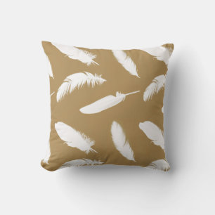 White feather print on camel tan cushion