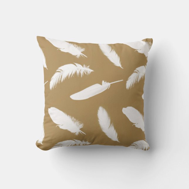 White feather print on camel tan cushion (Front)