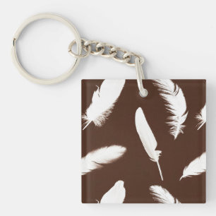 White feather print on chocolate brown key ring