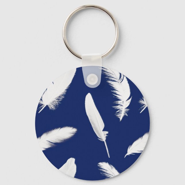 White feather print on dark blue key ring (Front)