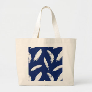 White feather print on dark blue large tote bag