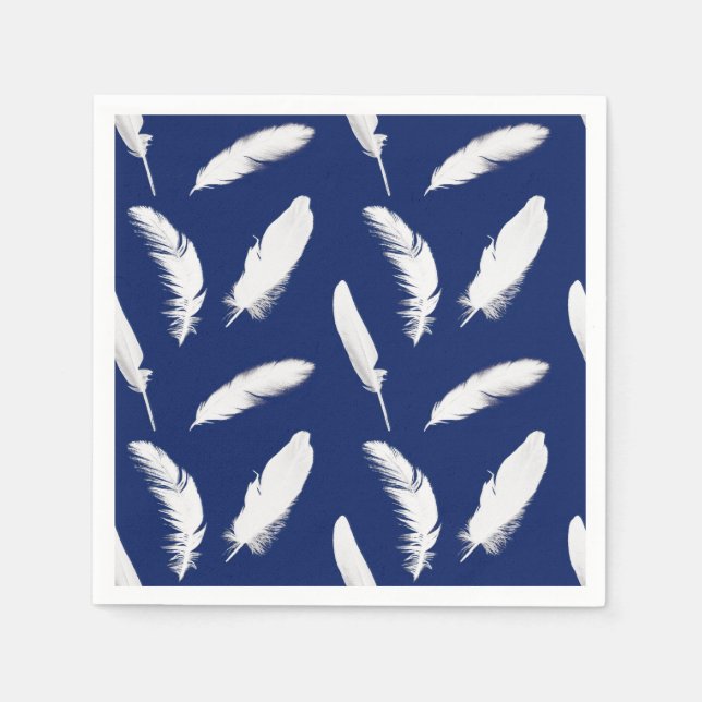 White feather print on dark blue / navy napkin (Front)
