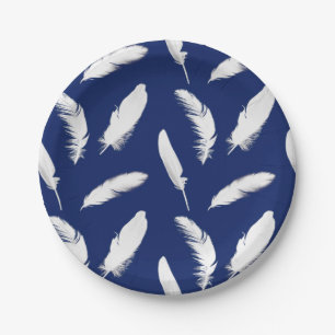White feather print on dark blue / navy paper plate