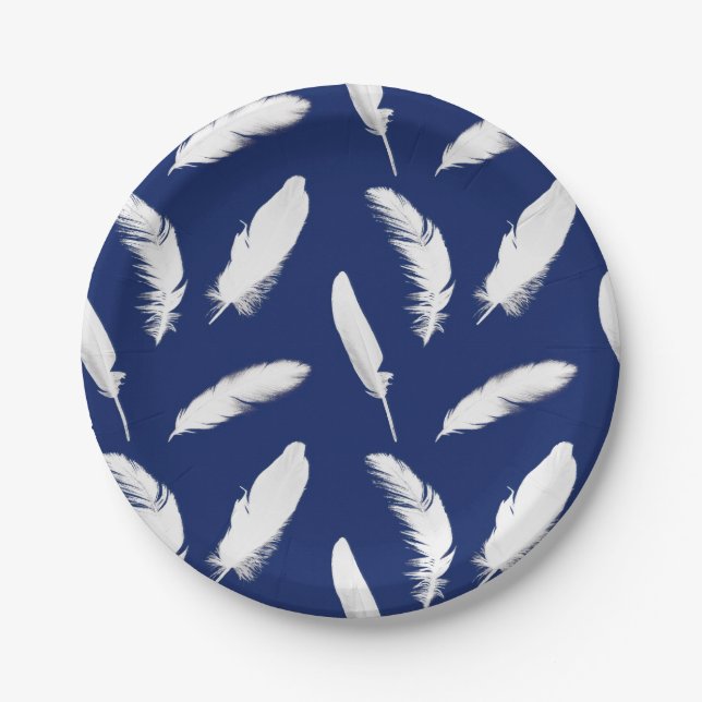 White feather print on dark blue / navy paper plate (Front)