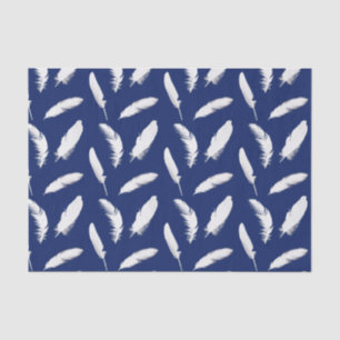 White feather print on dark blue tissue paper