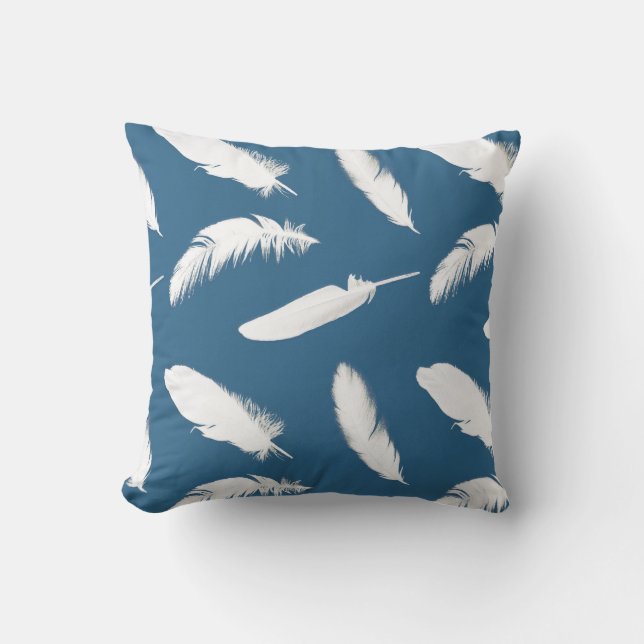White feather print on denim blue cushion (Front)
