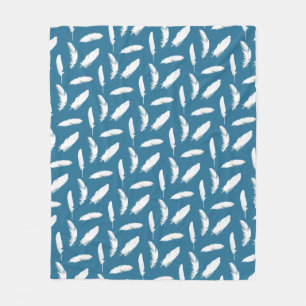 White Feather Print on Denim Blue Fleece Blanket