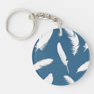 White feather print on denim blue key ring