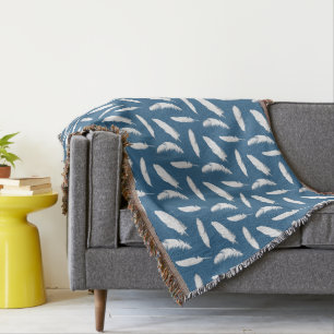 White Feather Print on Denim Blue Throw Blanket