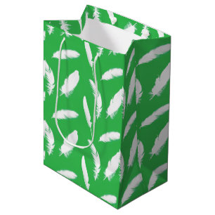 White feather print on jade green medium gift bag