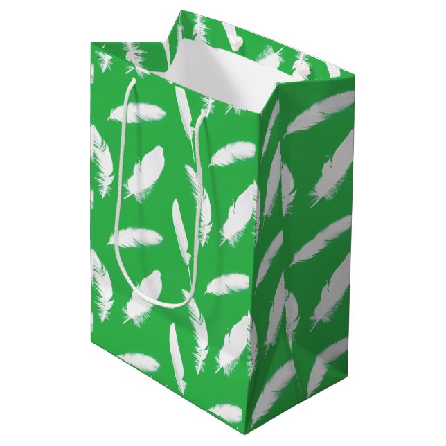 White feather print on jade green medium gift bag (Front Angled)