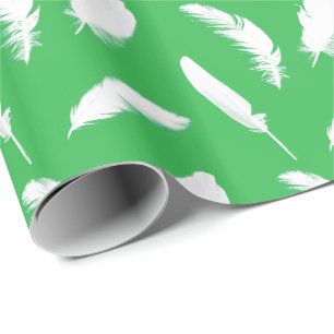 White feather print on jade green wrapping paper